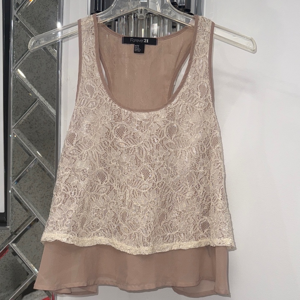 Forever 21 sheer Beige/tan sleeveless tank top with ivory Lace Overlay